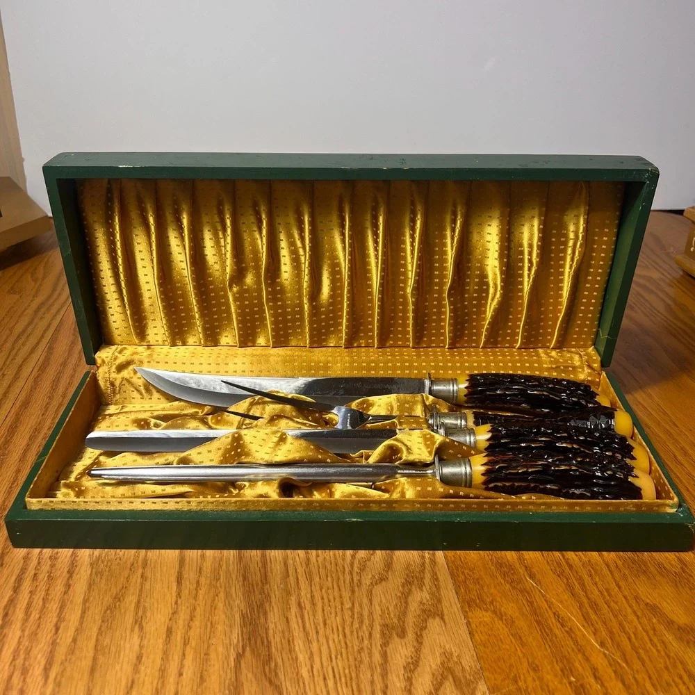 VTG Flint Stainless Vanadium USA Carving Set Faux Stag Handles Sharpener w case